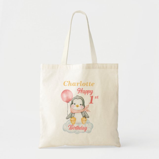 Bolsa Tote Baby Penguin Happy primeiro aniversario Tote Bag (Frente)