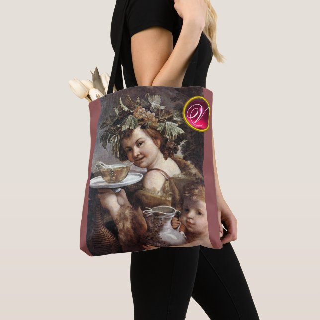 BOLSA TOTE BACCHUS, UVAS E MONOGRAMA DE GEMSTONE DE VINHO BRA (Close Up)