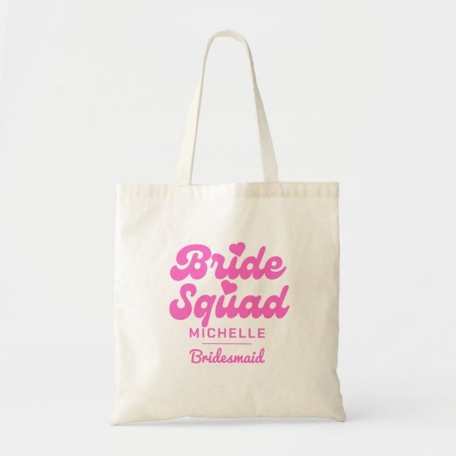 Bolsa Tote Bachelorette de Esquadrão Rosa Personalizado (Frente)