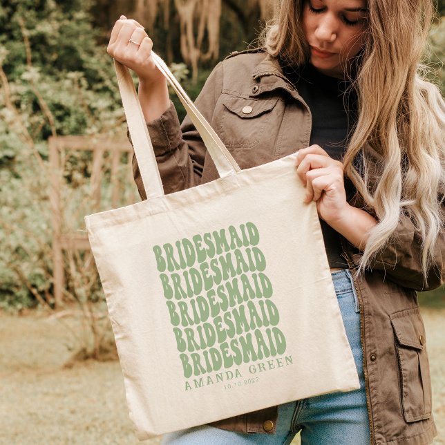 Bolsa Tote Bachelorette Personalizada Retro Green Boho Sage (Criador carregado)