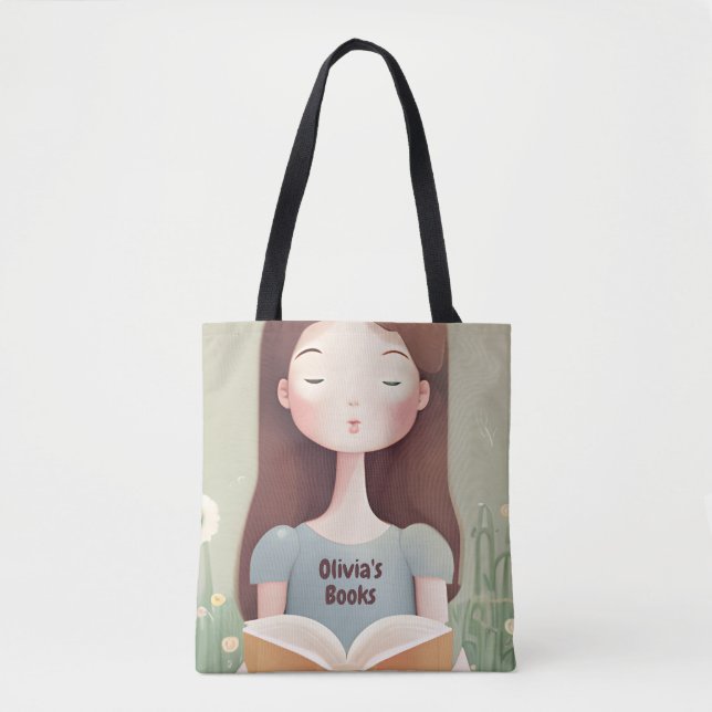 Bolsa Tote Bag de Toques de Leitura de Menina Cuta Personaliz (Frente)