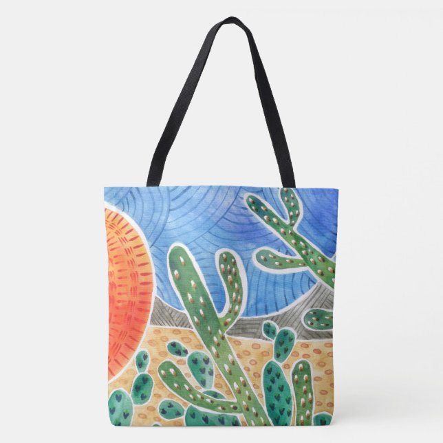Bolsa Tote Bag de Toques de Paisagem Cactus Aquarela (Frente)