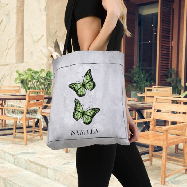 Bolsa Tote Bag Floral Personalizada de Toques Verde (Green Butterfly Floral Personalized Tote Bag)