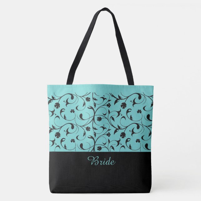 Bolsa Tote Bag Noiva Aqua & Black Scrols (Frente)