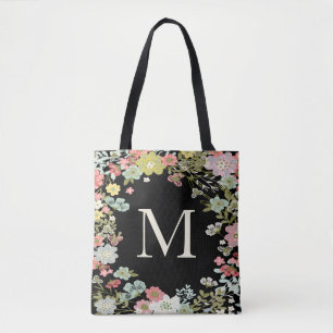 Bolsa Tote Bag Ombro Preto do Monograma de Jardim Floral