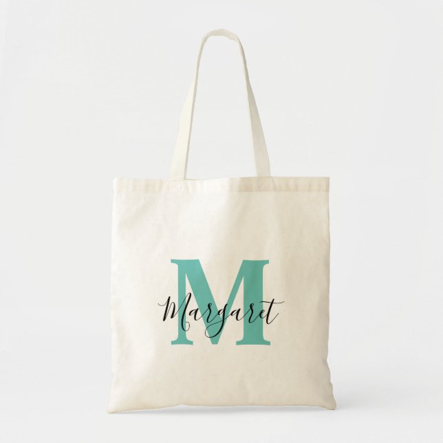Bolsa Tote Bag Tool do Nome do Script Preto do Monograma Teal (Frente)