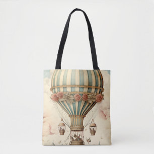 Bolsa Tote Balão de Ar Quente com Stripe Azul Floral Vintage