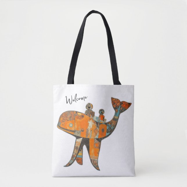 Bolsa Tote Baleia de arte em estilo retrô ingênuo (Frente)