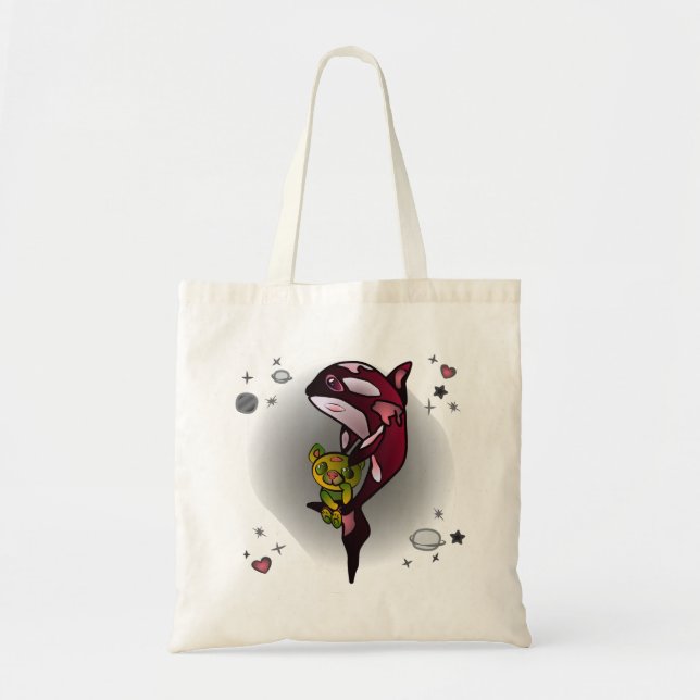 Bolsa Tote Baleia Orca com Urso de Teddy no Espaço Design grá (Frente)