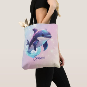 Bolsa Tote Baleia Orca Kawaii Personalizada Azul e Rosa