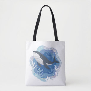 Bolsa Tote Baleias e corais na Ilustração de Arte em Papel Oc