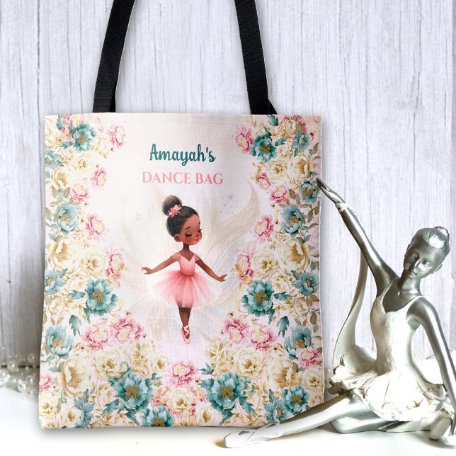 Bolsa Tote Ballerina Dark Skin Girl Rosa Teal Floral Dance (Ballerina Dark Skin Girl Pink Teal Floral Dance Tote Bag)