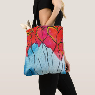 Bolsa Tote Balões de coração vermelho Namorados aquarela