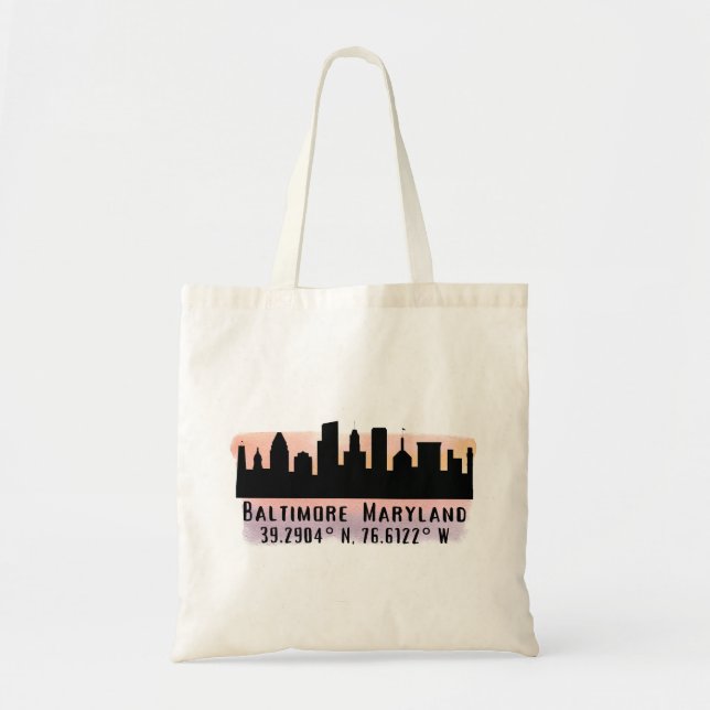 Bolsa Tote Baltimore Skyline Latitude e Longitude (Frente)