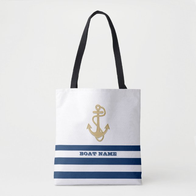 Bolsa Tote Bandas brancas azuis, Marinhos de âncora Dourada,  (Frente)