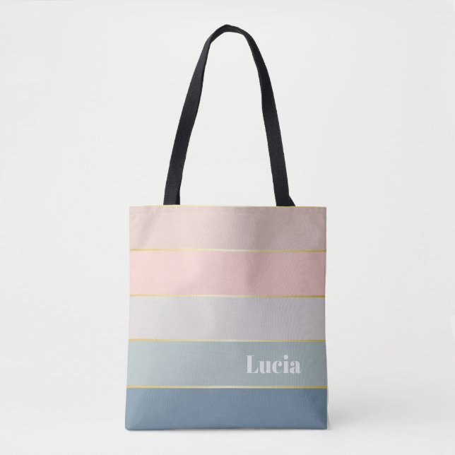 Bolsa Tote Bandas de Cores Personalizadas de Verão, azuis-ros (Frente)