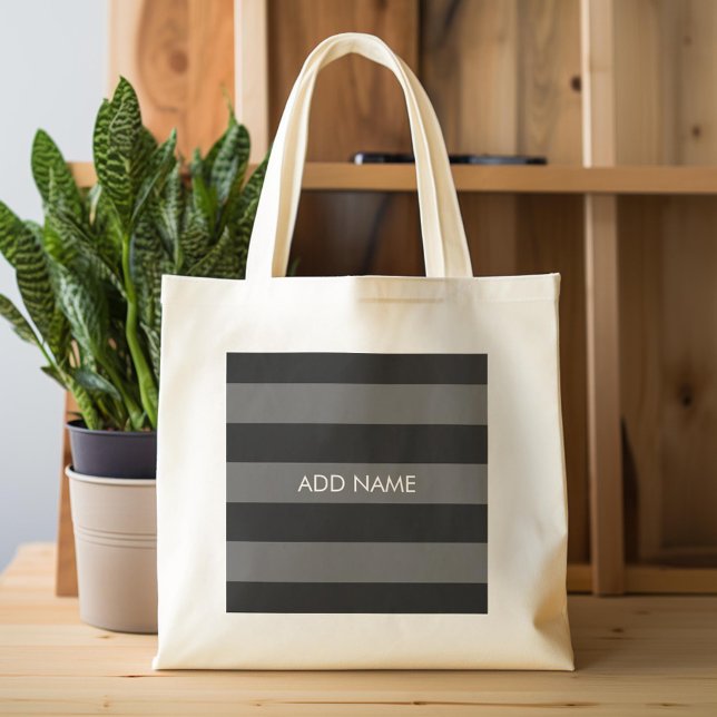 Bolsa Tote Bandas de Rugby de Cinza e Preto com Nome Personal (Custom Tote Bag)