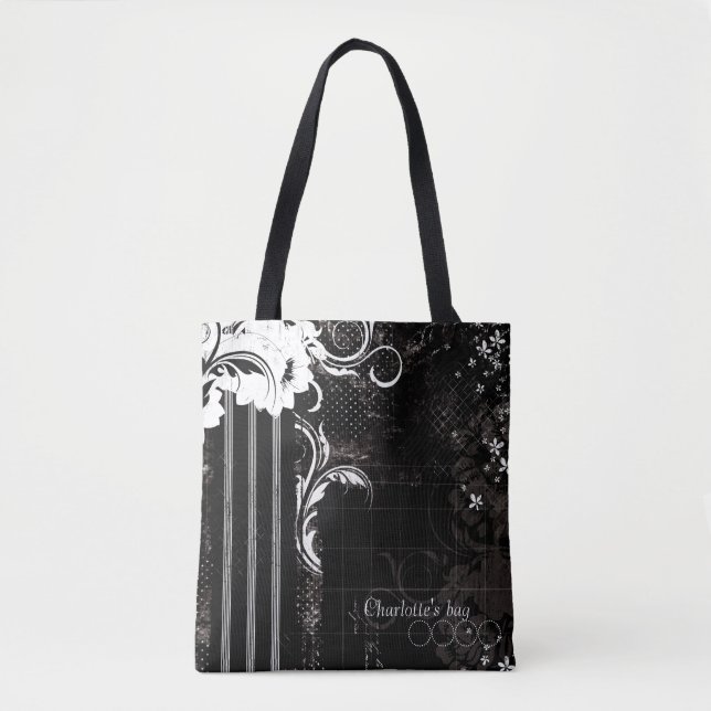 Bolsa Tote Bandas Florais Pretas e Brancas (Frente)