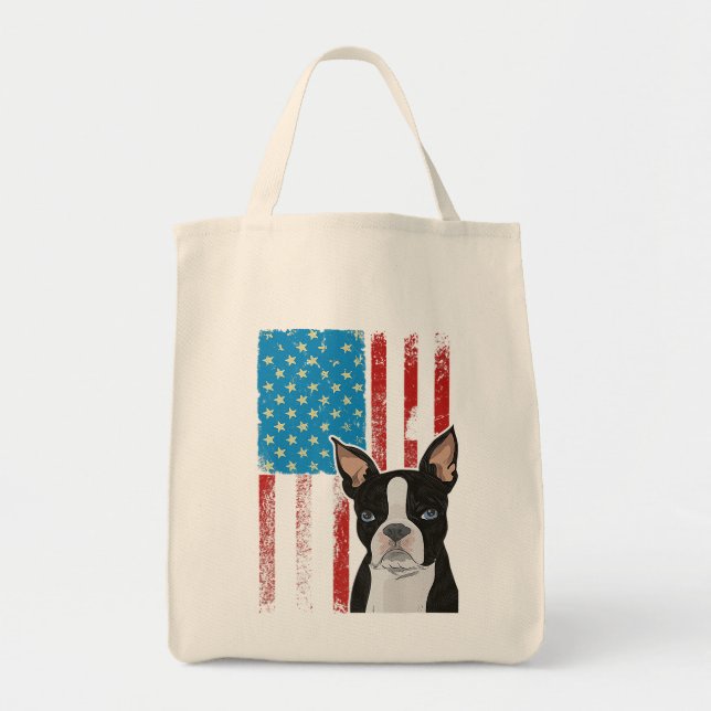 Bolsa Tote Bandeira Americana - Cão Patriótico Boston Terrier (Frente)
