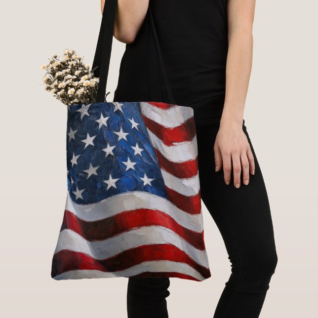 Bolsa Tote Bandeira Americana Pintada com Impasto (Close Up)