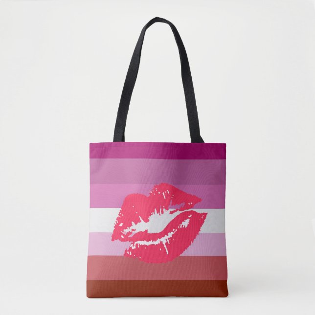 Bolsa Tote Bandeira do Orgulho Lésbico de Batom (Frente)