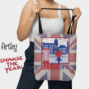 Bolsa Tote Bandeira do Reino Unido Vermelho Azul Cena de Lond