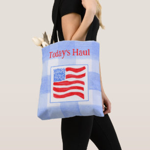 Bolsa Tote Bandeira dos EUA em aquarela com xadrez azul 