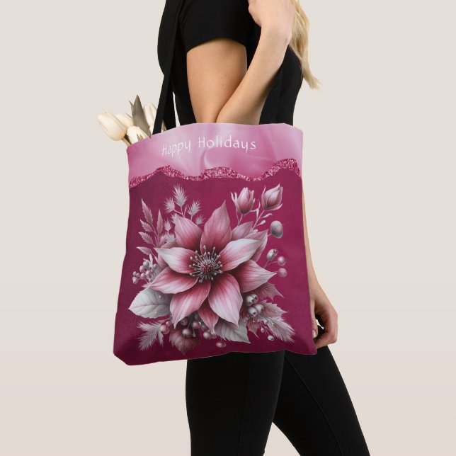 Bolsa Tote Bandeja de Bandas Florais de Feriado Rosa (Close Up)