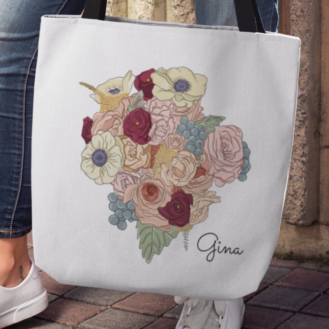 Bolsa Tote Bandeja de Topete do Buquê Flor bonito (Wildflower and rose bouquet customizable name tote bag)
