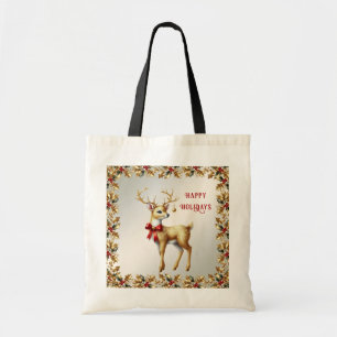 Bolsa Tote Bandeja de Tote de Feriado de Reindeer Dourada