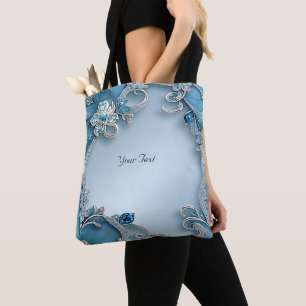 Bolsa Tote Bandeja Floral de Toques de Ornamentado Azul