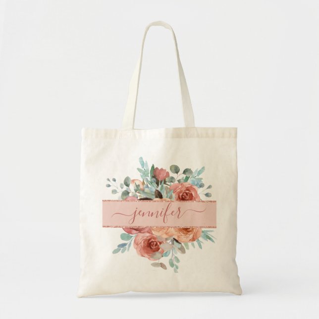 Bolsa Tote Bandeja Floral de Tote Dourada com Rosa personaliz (Frente)