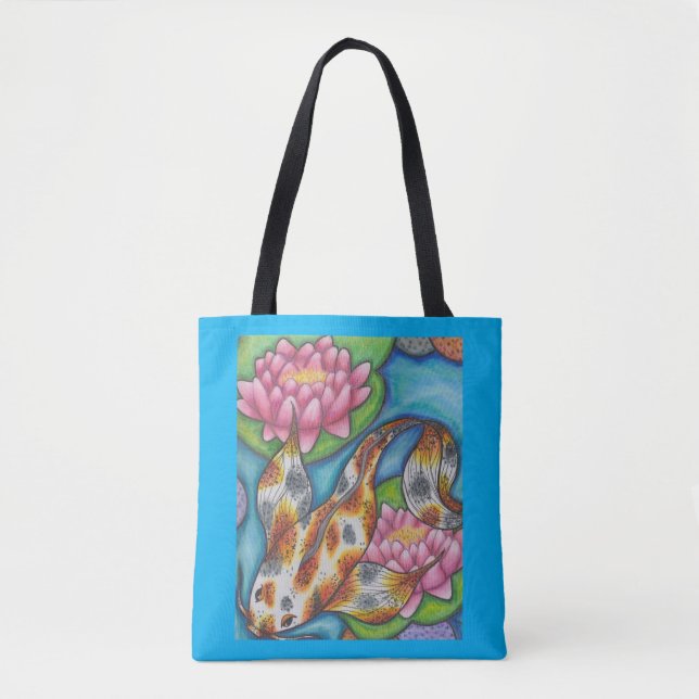 Bolsa Tote Banheira Azul Com Arte Laranja De Peixe Koi (Frente)