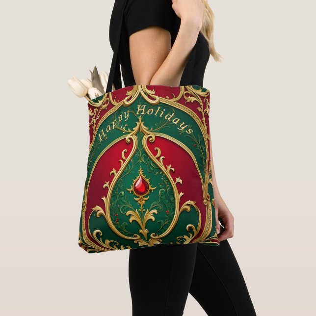 Bolsa Tote Banheira de Natal Dourado Vermelho Verde (Close Up)