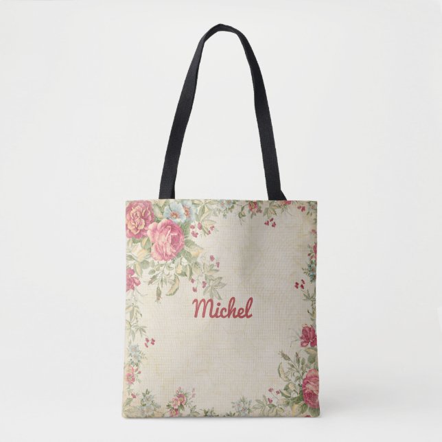 Bolsa Tote Banheira de Tota Delicada Floral Design Monogramad (Frente)