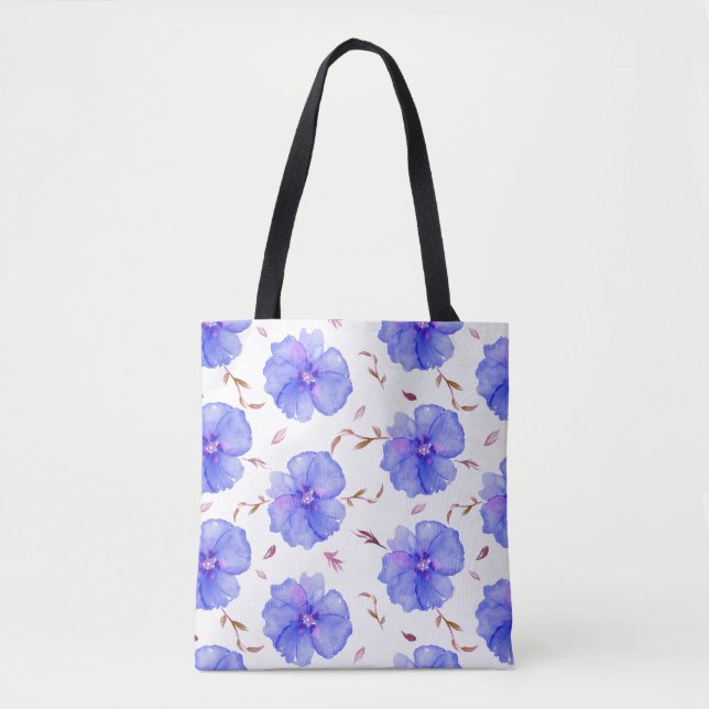 Bolsa Tote Banheira Floral Azul - Padrão de Flor de Aquarela (Frente)