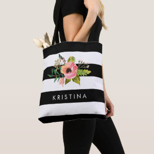 Bolsa Tote Banheira Floral de Compras com Bandas Brancas Negr