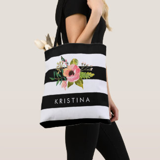 Bolsa Tote Banheira Floral de Compras com Bandas Brancas Negr