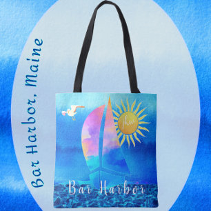 Bolsa Tote Bar Harbour Maine Watercolor Sailboat com Iniciais