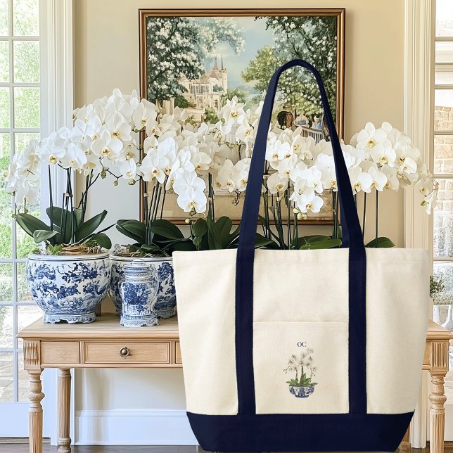 Bolsa Tote Barco de Contraste com Orquídea Branca Chinoiserie (White orchid chinoiserie contrast trim boat tote bag with custom initials or name)