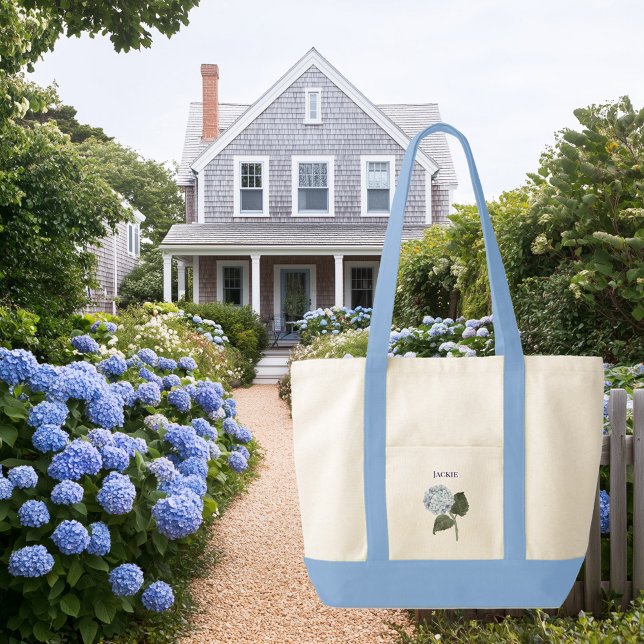 Bolsa Tote Barco de Trim de Contraste com Flor Azul Hydrangea (blue monogrammed contrast trim tote bag with blue hydrangeas)