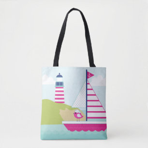 Bolsa Tote Barco e Farol, cor-de-rosa,