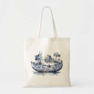 Bolsa Tote Barco estilo Delft azul e branco com cena de aldei