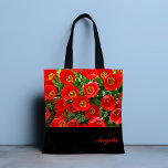 Bolsa Tote Barra de Ferramentas Personalizada da Tulip Vermel<br><div class="desc">Um design tão espantoso com um padrão de flores vermelhas brilhantes de tulipas sobre um fundo de folhas verdes. Adicione seu nome a um toque personalizado ou exclua o texto para seu bolsa personalizado. Projetado para você pelo Evco Studio</div>