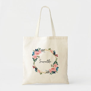 Bolsa Tote Barra de Toques de Flor de Água Verde e Rosa