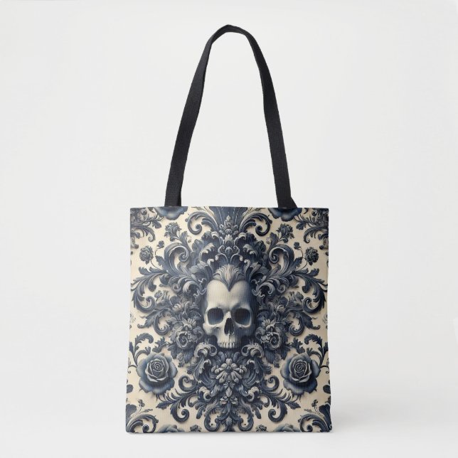 Bolsa Tote Barroco Punk - Caveira Gótica Damasco Floral (Frente)