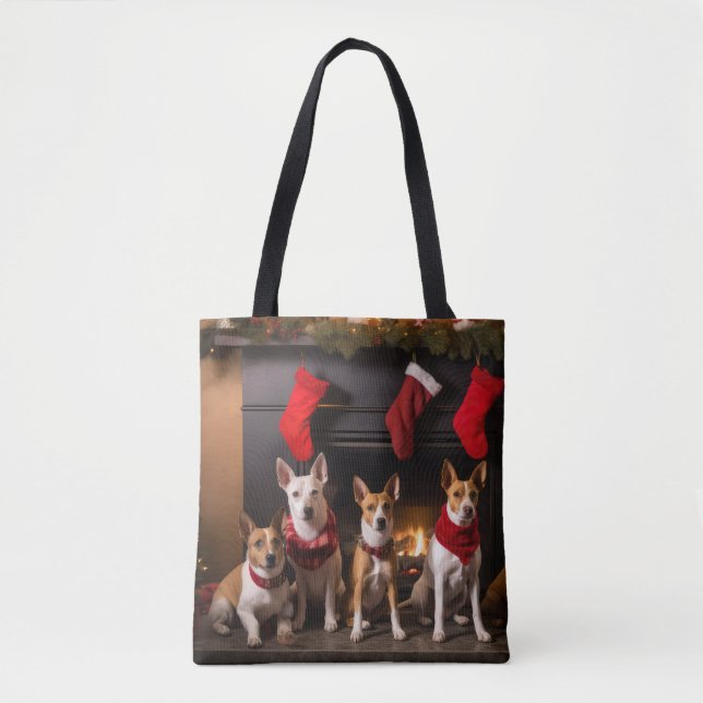 Bolsa Tote Basenji em frente à Lareira Natal (Frente)