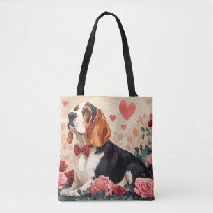 Bolsa Tote Basset Hound com Rosas - Dia dos Namorados