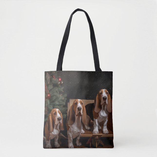 Bolsa Tote Basset Hound Snowy Sleigh Decência de Natal (Frente)