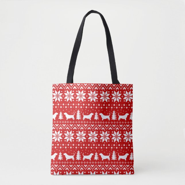 Bolsa Tote Basset Hound Xmas Silhuettes Natal Férias (Frente)